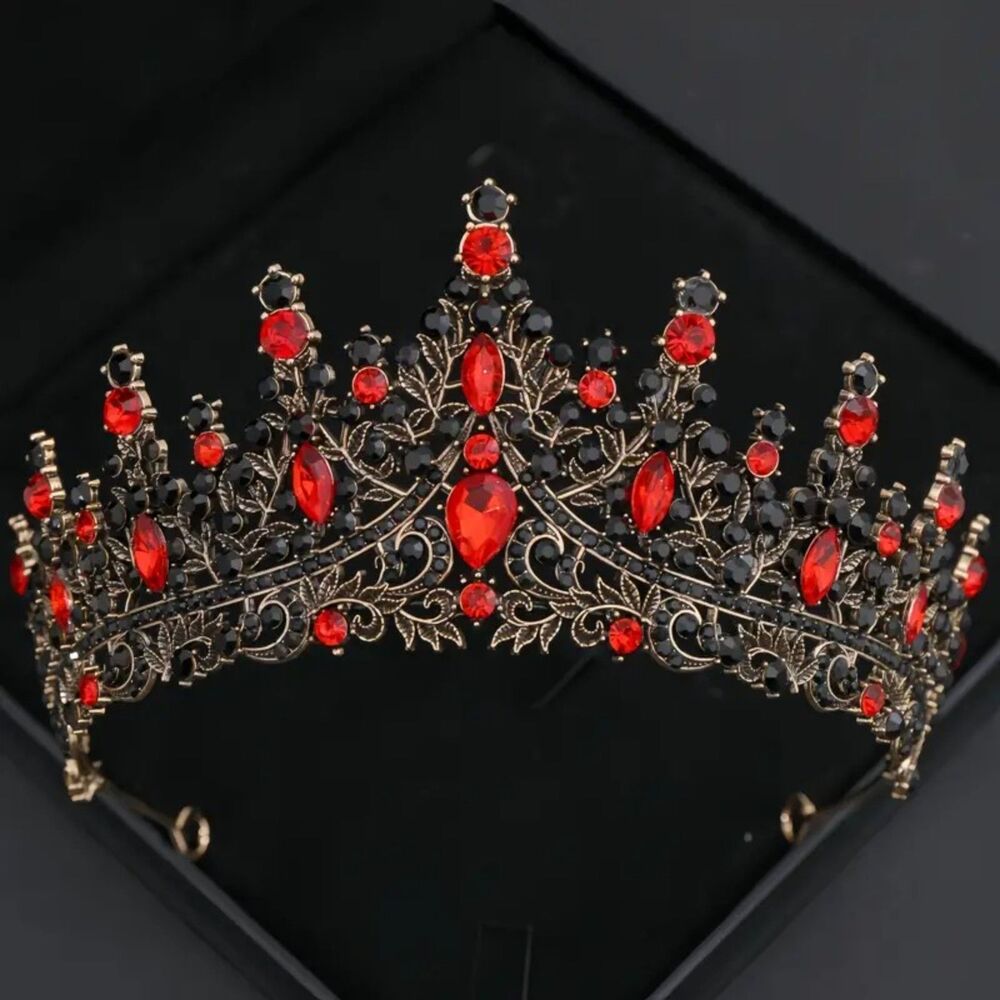 Wicked Silk Prom, Quinceanera Jeweled Crown Tiara Headband - Black Red